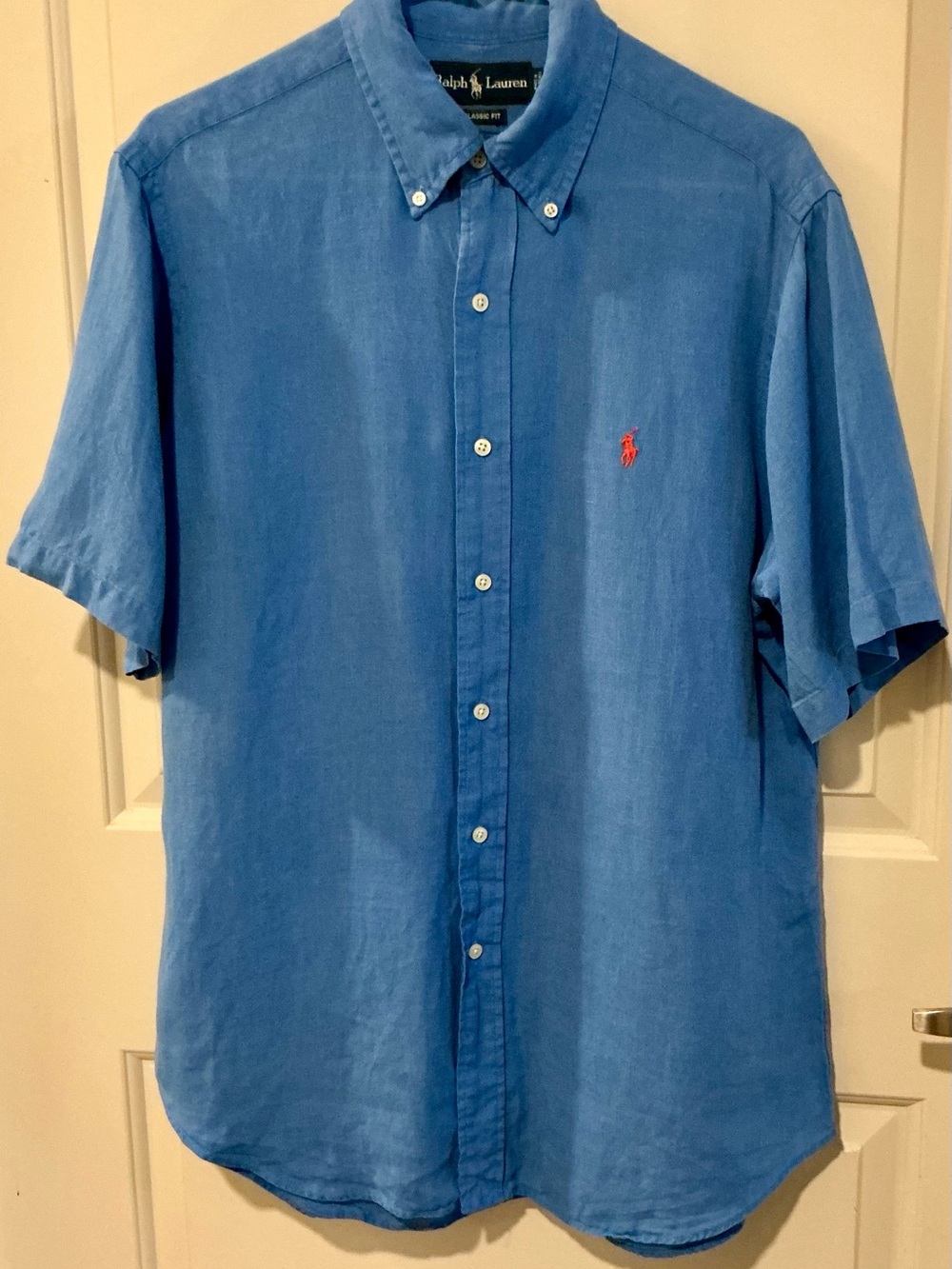 Ralph Lauren Blue Short-Sleeve Linen Button-Down Shirt with Red Pony